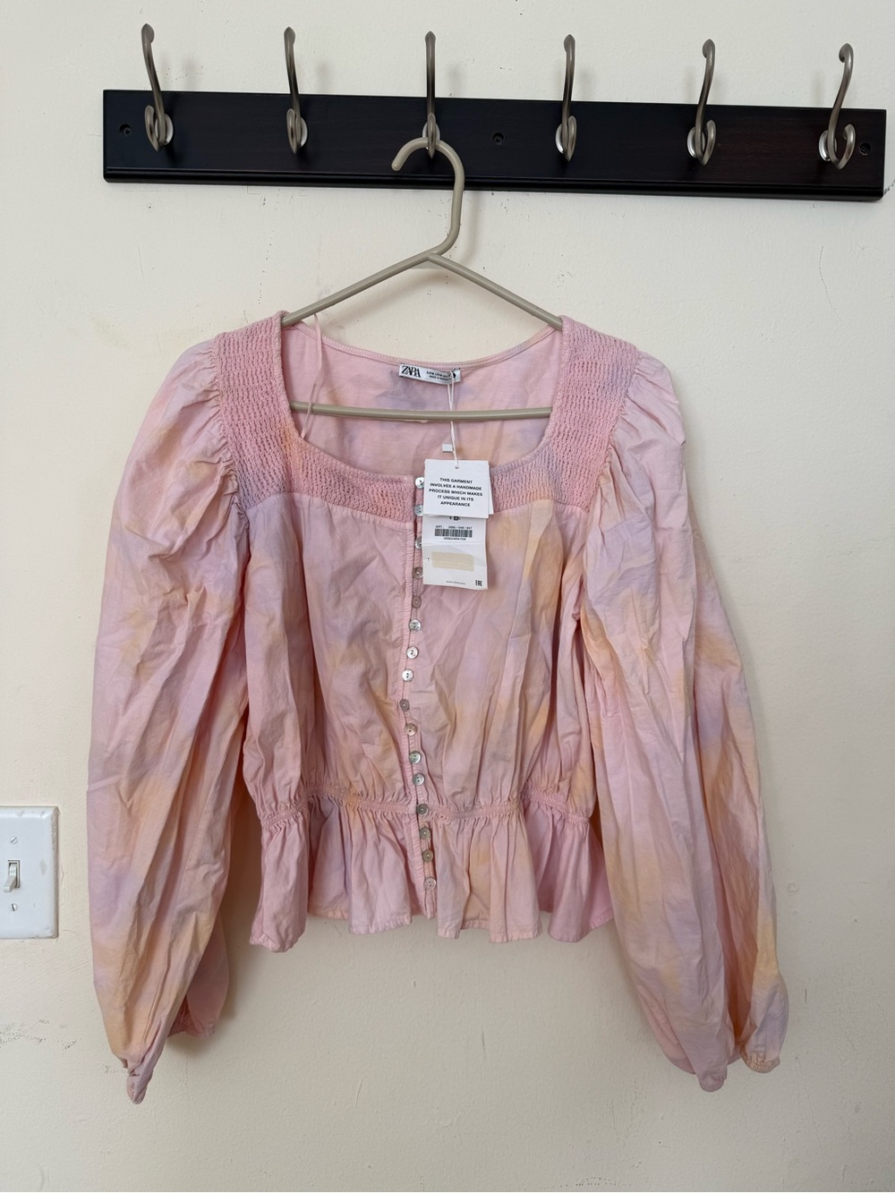 Zara Blush Pink Smocked Square-Neck Peplum Top
